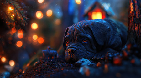 Heartwarming Cane Corso portrait with tilt-shift, focusing on fur textures and the pup's expressive eyes in a magical miniature settingの素材