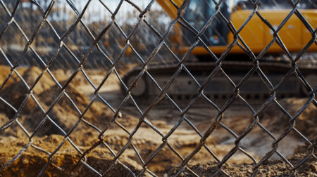 Durable steel mesh fencing around large construction site, securing heavy machinery and building materialsの素材