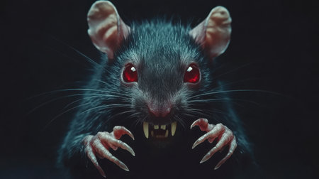 Humanoid rat with a grotesque appearance, sharp claws and piercing red eyes, posing with a wicked grinの素材