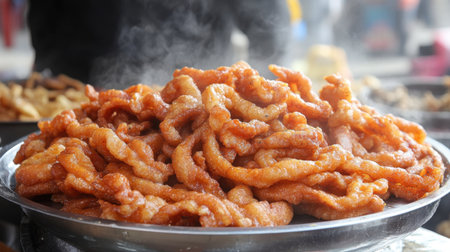 Delicious pork rinds, golden-brown and crisp, heaped on a tray with just the right touch of seasoning for a snack lovers treatの素材