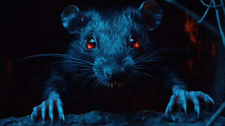Sinister-looking humanoid rat creature with sharp claws and fiery red eyes, grinning mischievously in the shadowsの素材