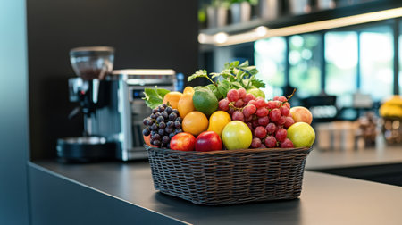 Fresh fruit basket arranged on a countertop, complementing a modern coffee machine, in a sleek office kitchen settingの素材