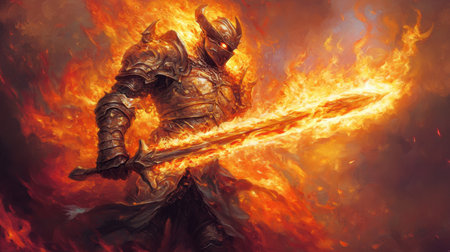 Heroic knight with flaming armor and a fiery sword, bathed in intense heat and ready for battle in a mythical land of fire.の素材