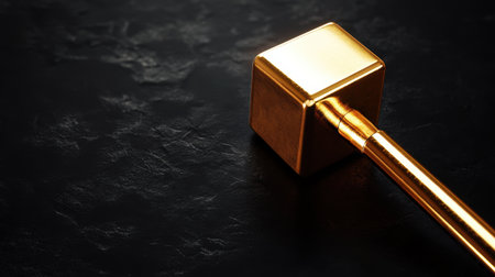 Golden mallet on a matte black background, with tilt-shift effect bringing sharp focus to the mallet metallic detailsの素材