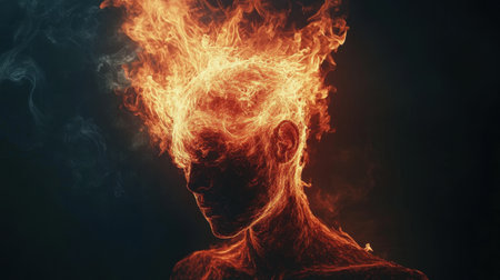 Flames wrap around a person head in an intense, fiery aura, symbolizing inner chaos or mental exhaustion, set against darkness.の素材