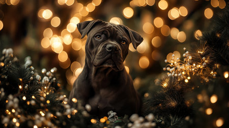 Heartwarming Cane Corso portrait with tilt-shift, focusing on fur textures and the pup's expressive eyes in a magical miniature settingの素材