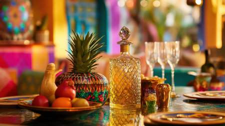 Luxurious setting with a gold tequila bottle surrounded by chic accessories, set against vibrant colors for a high-end lifestyle vibeの素材
