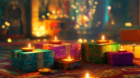 Lit diyas illuminate colorful gift boxes in an ornately decorated room for Diwali, a scene full of festive warmthの素材