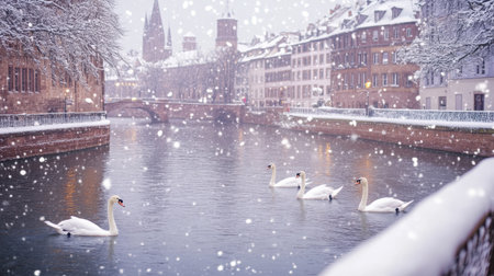Majestic swans in a snow-covered river scene, capturing the quiet winter charm of Strasbourgの素材