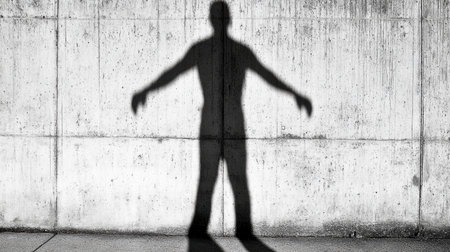 Moody shadow of a person with indistinct features stretching across a cold concrete wall, evoking intrigue and mystery.の素材