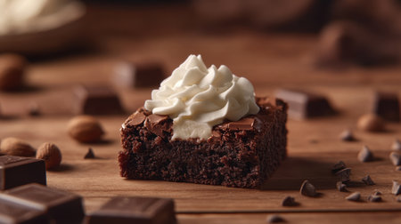 Rich, fudgy chocolate brownie with whipped cream on top, ideal for dessert lovers and food photographyの素材