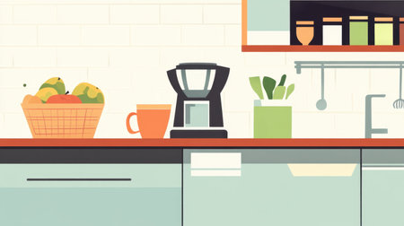 Office kitchen scene featuring a fruit basket and coffee brewer, emphasizing a fresh, health-conscious workspaceの素材
