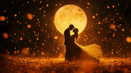 Romantic silhouettes of Catrina and her lover embrace under the full moon, surrounded by falling marigold petals in a serene nightの素材