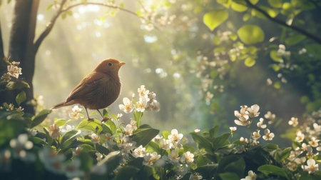 Small cony bird standing proudly among blooming flowers and green foliage, with its delicate song filling the air on a serene dayの素材