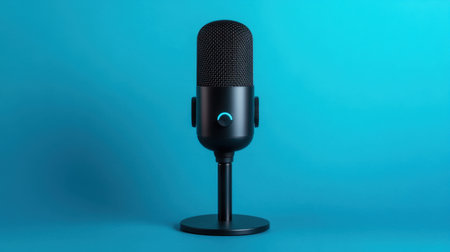 Sleek microphone with a pulsing waveform on bright blue background, ideal for audio content creation and podcastsの素材