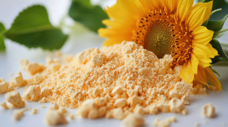 Sunflower lecithin powder scattered on pristine white background, bright sunflower in soft focus in the distanceの素材