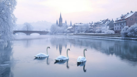 Swans on a chilly winter river, reflecting Strasbourg's frosty landscape and low light ambianceの素材