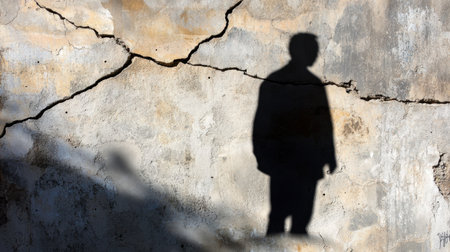 The silhouette of a mysterious figure appears against a cracked concrete wall, with a lone light source casting deep shadows.の素材