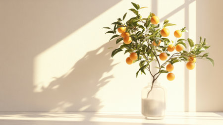 Sunlit orange tree in a delicate glass vase, placed by a bright window in a warm, minimalist room, sunlight streaming softly over vibrant orangesの素材