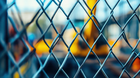 Temporary fencing with steel mesh surrounding a busy construction zone, safeguarding workers and equipmentの素材
