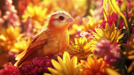The cony bird flutters its wings softly, basking in bright, floral surroundings; a lively, vibrant image of nature in harmonyの素材