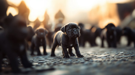 Tilt-shift image of Cane Corso puppies, creating an adorable miniature effect with a soft background and sharp fur detailの素材