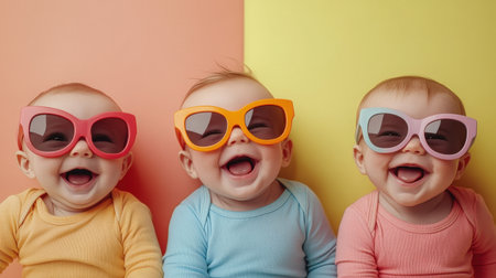 Three playful babies wearing oversized, vibrant sunglasses in a colorful studio, laughing and filling the frame with joyの素材
