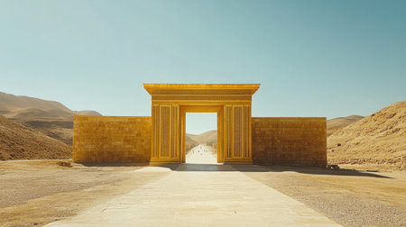 The golden facades of the ancient Beit Hamikdash temple shine under the sun, framed by Jerusalem hills, evoking history and spiritualityの素材