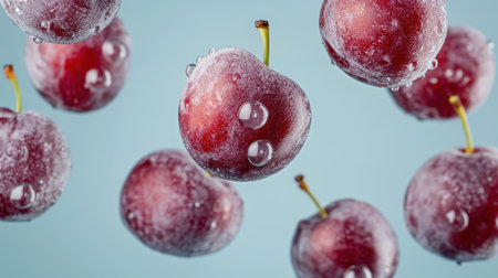 Tilted drone shot of floating red plums, capturing freshness and vibrancy from a unique aerial perspectiveの素材