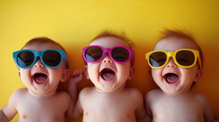 Three happy babies in colorful, oversized sunglasses against a bright backdrop, radiating joy and laughterの素材