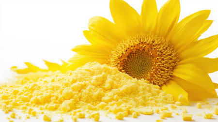 Yellow lecithin powder from sunflower sits on white background with a vibrant bloom subtly in the backdropの素材