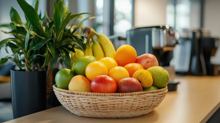Vibrant fruit basket on an office kitchen counter, paired with a coffee machine for a fresh, lively atmosphereの素材