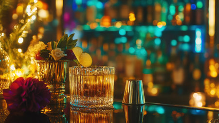 Sophisticated bar setting with gold tequila and chic accessories, capturing the essence of a vibrant luxury lifestyle and eleganceの素材