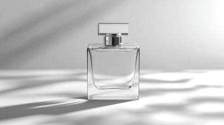 Stylish perfume bottle mockup, clear glass, simple branding, soft reflections, and a white background for a modern, refined lookの素材
