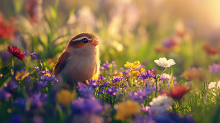 Charming cony bird amidst a mix of purple, yellow, and red flowers, emitting a soft chirp as it revels in the peaceful, verdant sceneryの素材