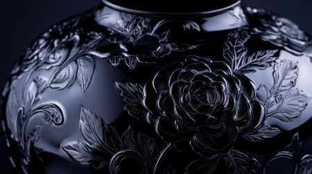 A glossy black vase with intricate rose patterns reflecting delicate floral designs, set on a contrasting sleek background.の素材
