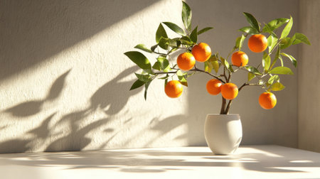 Conceptual photo of a small orange tree in a vase on a white table, natural sunlight illuminating the bright oranges and fresh leavesの素材
