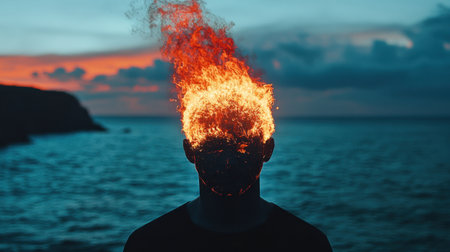 Conceptual image of a person's head on fire, capturing the metaphor of burning thoughts, with flames contrasting the calm surroundings.の素材