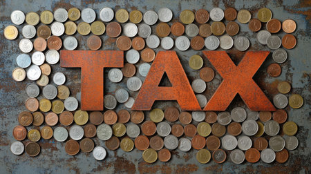 Minimalist tax return concept showing TAX in bold with coins, emphasizing savings and accounting organizationの素材