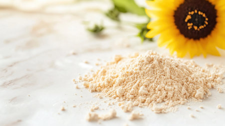 Sunflower lecithin powder scattered on pristine white background, bright sunflower in soft focus in the distanceの素材