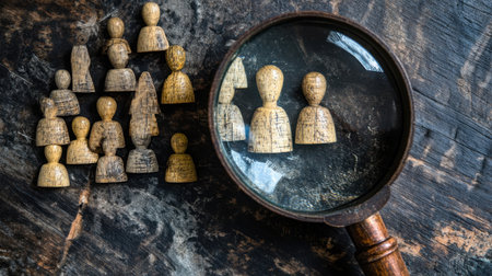 Recruitment concept with a magnifying glass zeroing in on potential candidates, representing vacancy and human resource selection.の素材