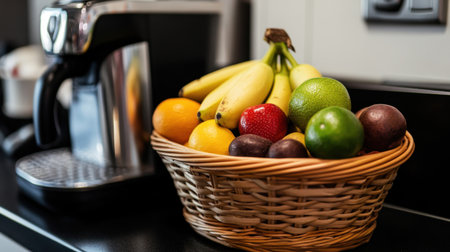 Vibrant fruit basket on an office kitchen counter, paired with a coffee machine for a fresh, lively atmosphereの素材