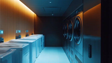 Powerful washing machines in a sleek hotel laundry room, macro view of linens being processed for cleanlinessの素材