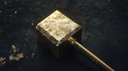 Unique tilt-shift perspective of a gold mallet, highlighting rich textures and intricate craftsmanship on a dark surfaceの素材
