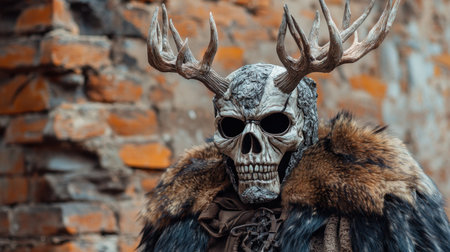 Majestic, powerful skull mask with large antlers and a fur cape, evoking an ancient and primal aestheticの素材
