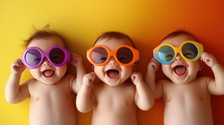 Three playful babies wearing oversized, vibrant sunglasses in a colorful studio, laughing and filling the frame with joyの素材