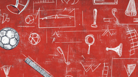 Red background with whistle and playbook script, highlighting soccer coaching and strategy toolsの素材