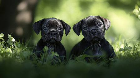 Tilt-shift shot of Cane Corso puppies in lush grass, capturing playful poses with detailed fur textures and impressive depthの素材