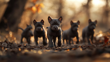 Tilt-shift image of Cane Corso puppies, creating an adorable miniature effect with a soft background and sharp fur detailの素材