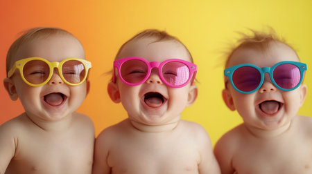 Three happy babies in colorful, oversized sunglasses against a bright backdrop, radiating joy and laughterの素材